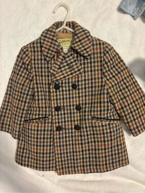 Solitaire Kids Plaid Double-Breasted Peacoat in Tan, Navy & Brown